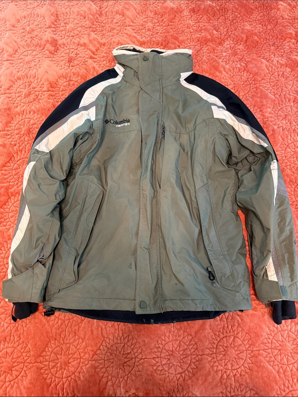 Columbia Olive, White & Black Ski Jacket with High Collar